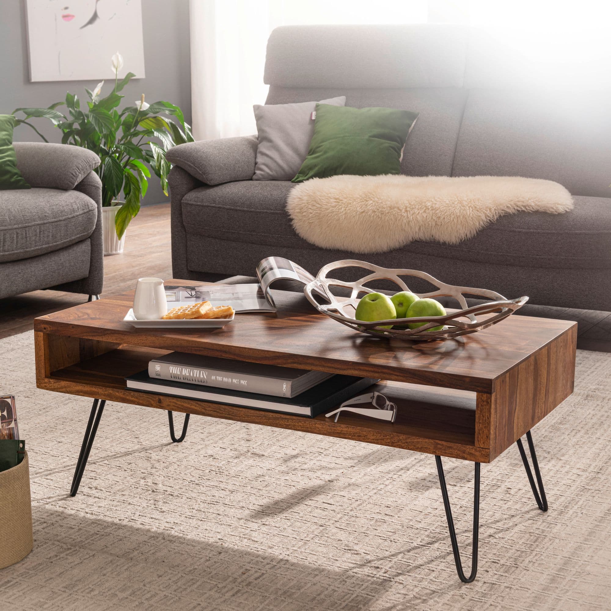 FineBuy Couchtisch Sheesham Massivholz 100 cm – Wohnzimmertisch rechteckig mit Ablage im Industrial Design | Handgefertigter Holztisch auf schwarzen Hairpin Metallbeinen