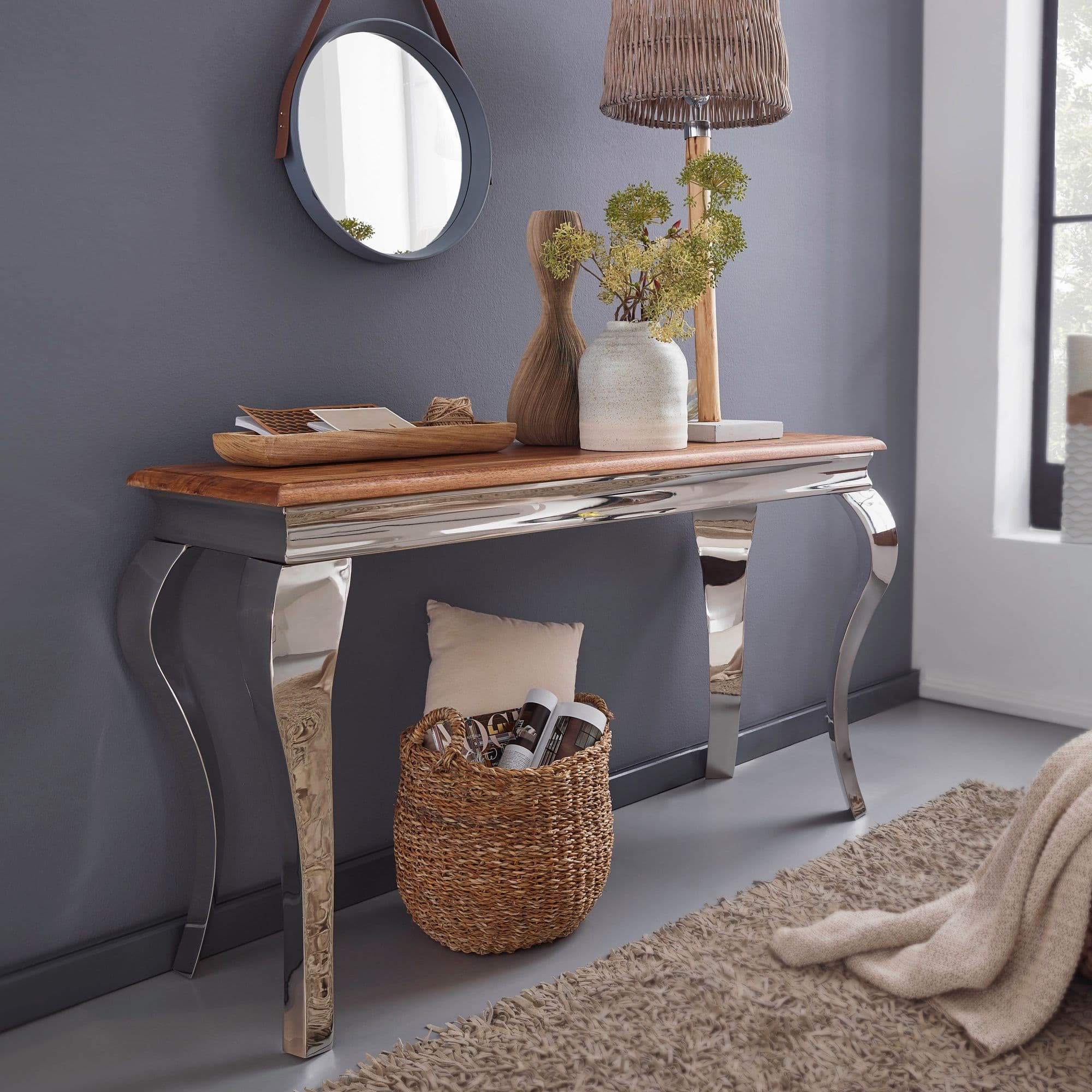 FineBuy Konsolentisch Sheesham Massivholz / Metall 130x76,5x42 cm Flurtisch, Design Wohnzimmertisch Schmal, Anrichte Schreibtisch Modern