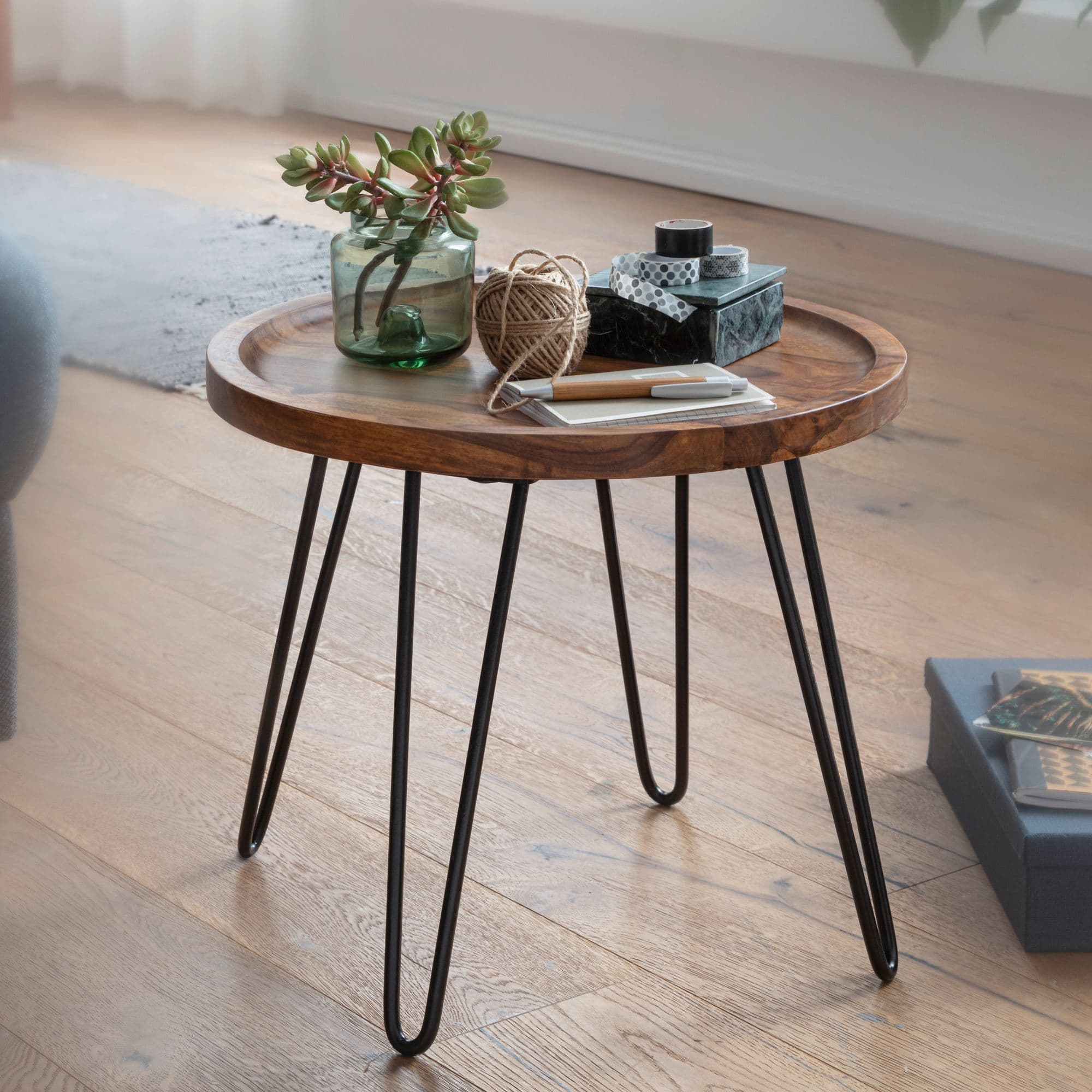 FineBuy Design Couchtisch Sheesham Massivholz 45x40x45 cm Wohnzimmertisch Rund, Sofatisch mit Haarnadelbeine, Kaffeetisch aus Holz und Metall