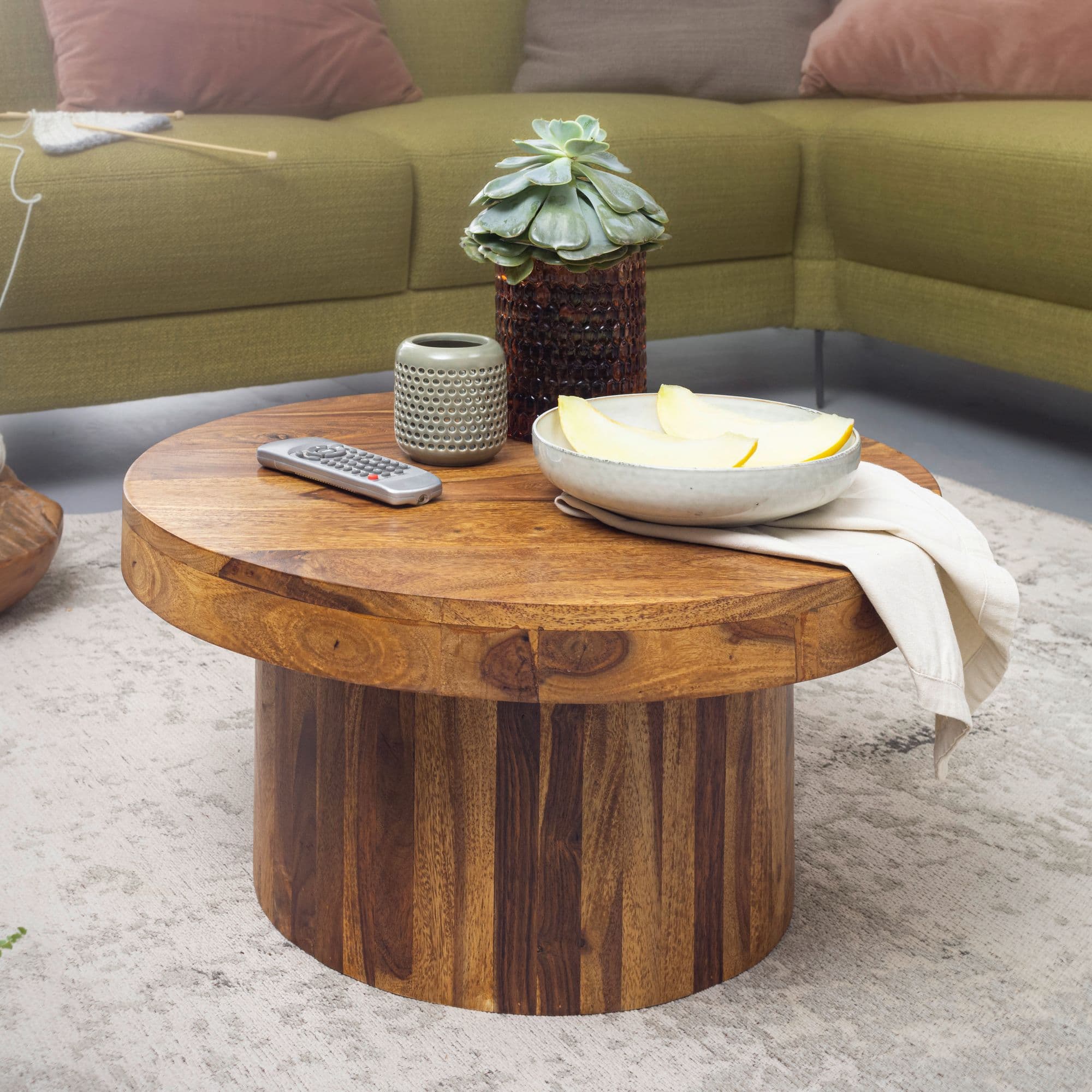 FineBuy Couchtisch Sheesham Massivholz rund Ø 60 cm, Höhe 30 cm – Wohnzimmertisch im Monolith/Drum Design mit Säulenfuß – Handgefertigter Echtholz Tisch modern & stabil