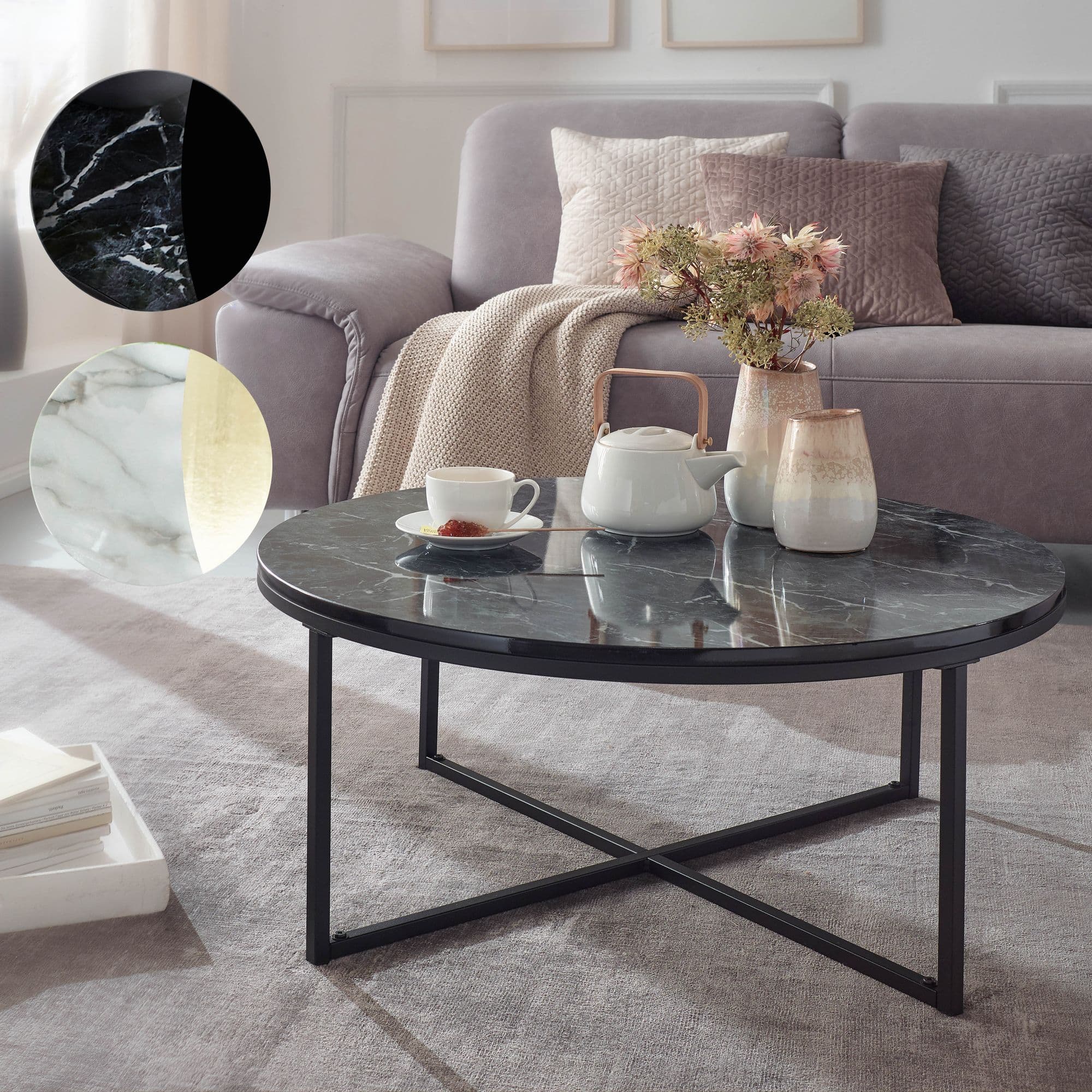 FineBuy Design Couchtisch Ø 80 cm Marmoroptik, Wohnzimmertisch mit Metall-Gestell, Sofatisch Rund Tisch Wohnzimmer, Beistelltisch