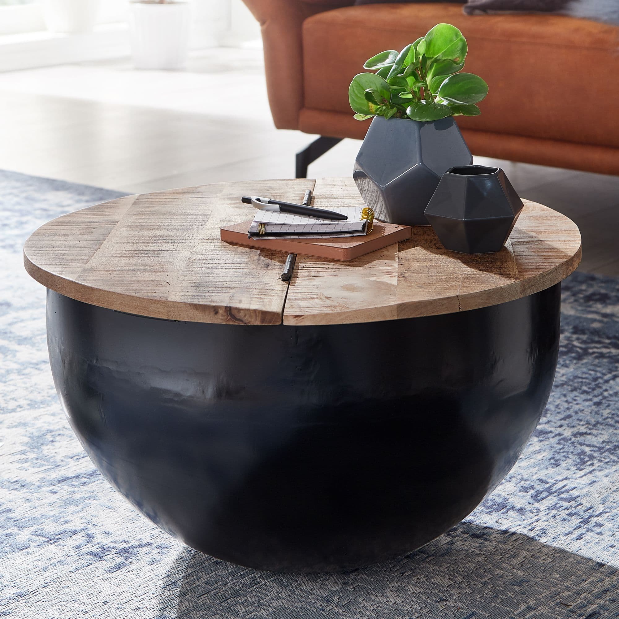 FineBuy Couchtisch Mango Massivholz Metall 60x34x60 cm Industrial Style Rund, Design Wohnzimmertisch mit Stauraum, Moderner Loungetisch Sofatisch Schwarz