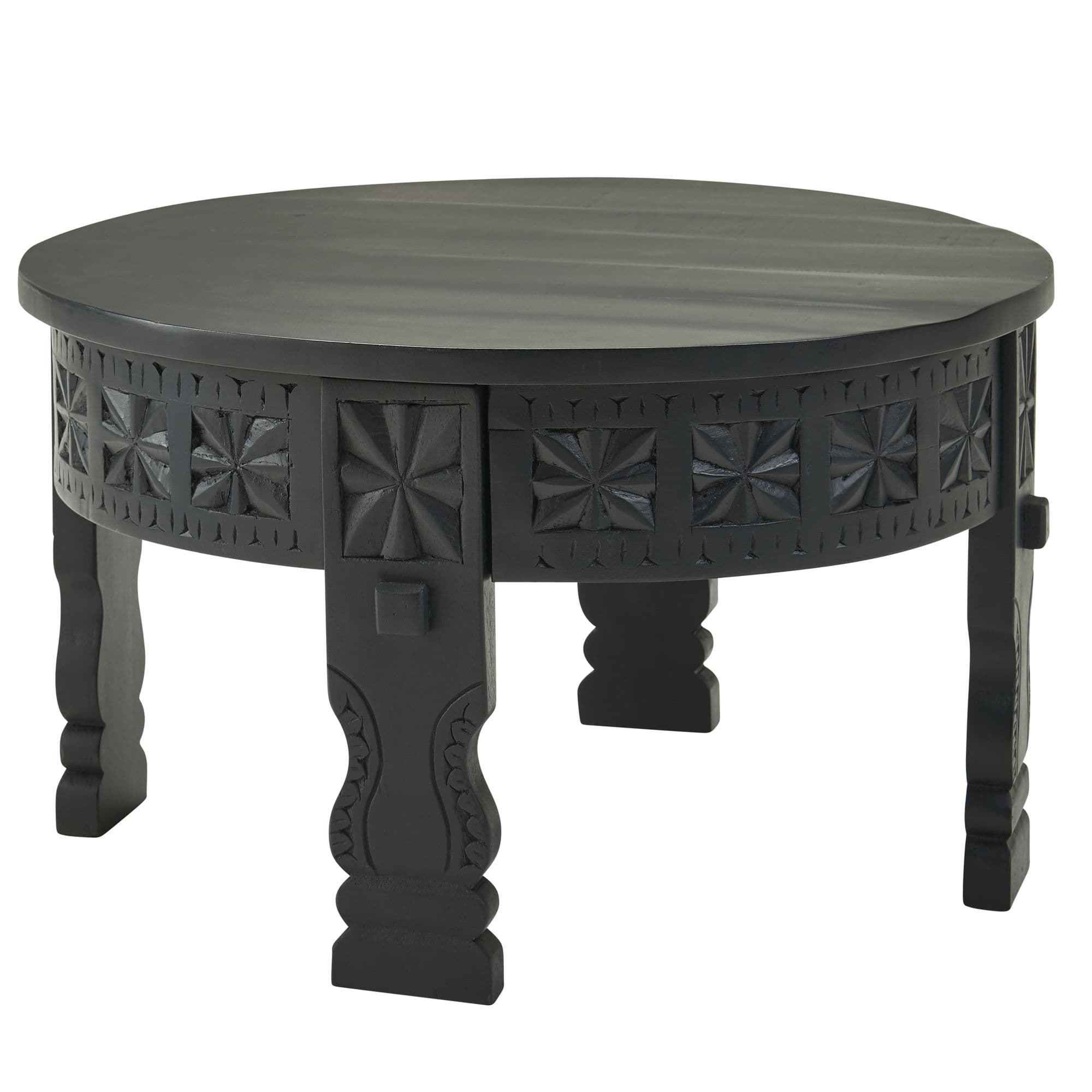 FineBuy Couchtisch Mango Massivholz rund · Handgeschnitzter Wohnzimmertisch im orientalischen Boho Design · Dunkler Massivholztisch