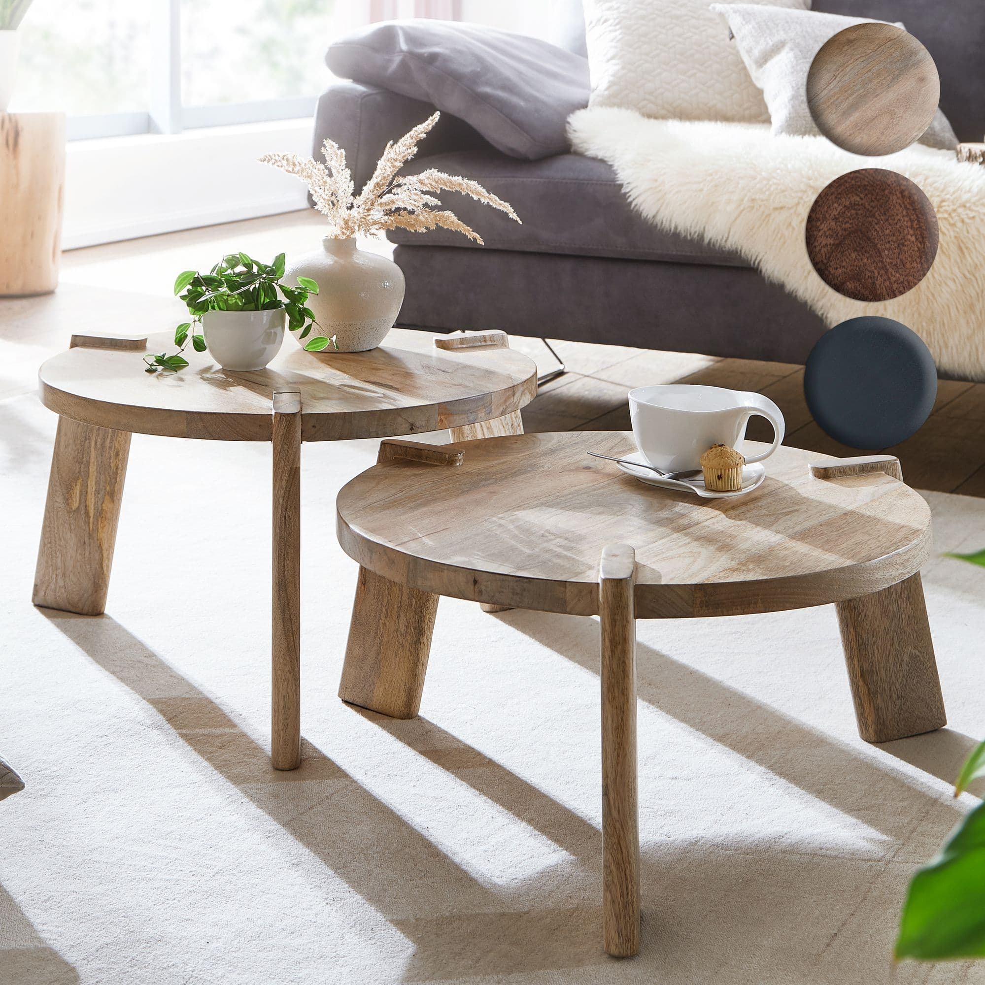FineBuy Couchtisch Set 2er Mango Massivholz rund Natur · Wohnzimmertisch Beistelltisch im Japandi Design · Handgefertigte Satztische aus Echtholz mit Klarlack