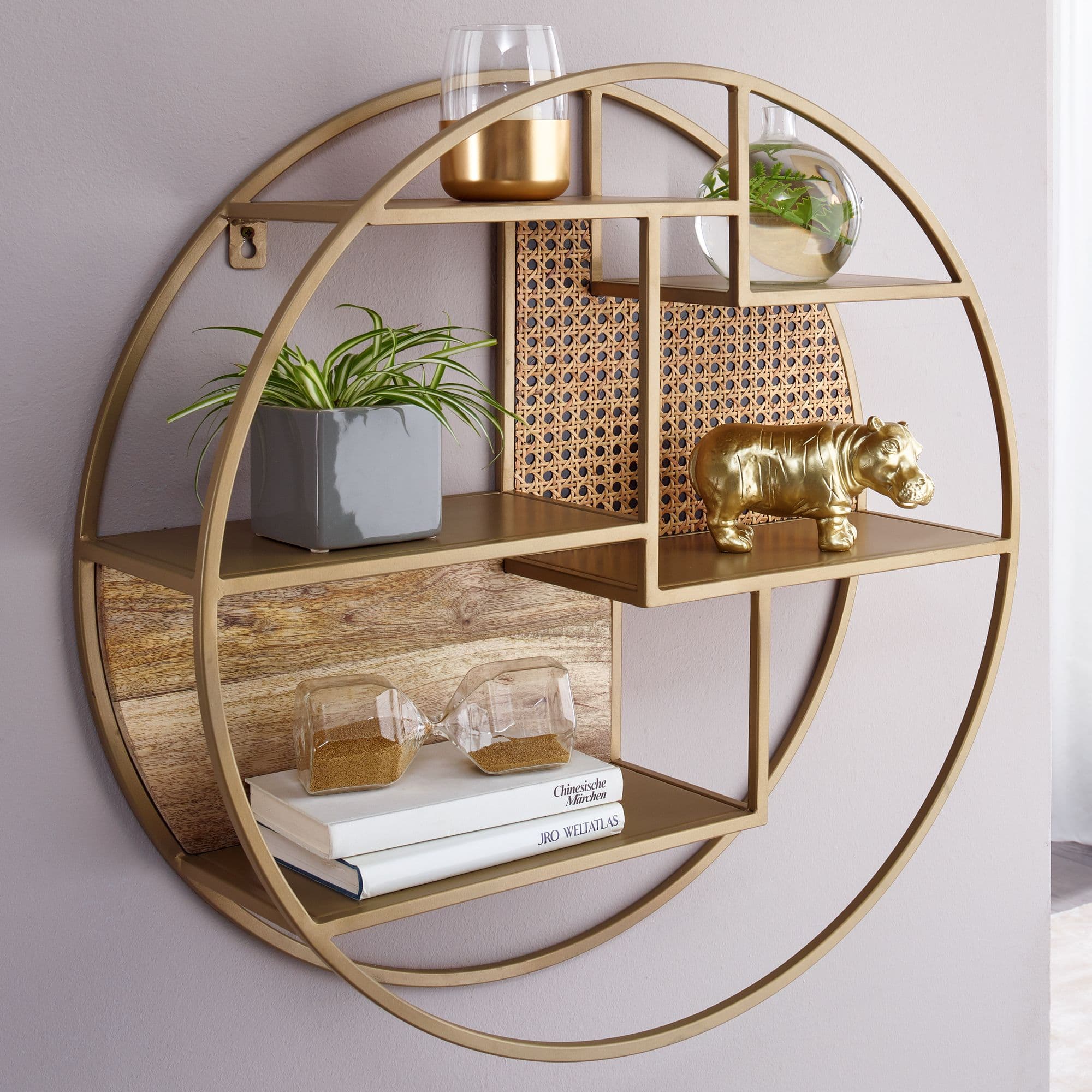 FineBuy Wandregal Rattan 62x62x17 cm Hängeregal Massivholz / Metall Industrial, Schweberegal Wiener Geflecht Rund Wand, Regal Hängend Offen Wohnzimmer