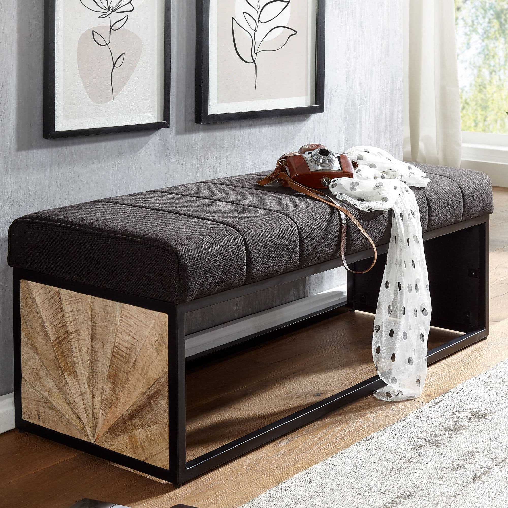 FineBuy gepolsterte Sitzbank 105 cm Massivholz Stoff - Retro Polsterbank für Garderobe Schlafzimmer & Wohnzimmer - Garderobenbank Eingangsbereich
