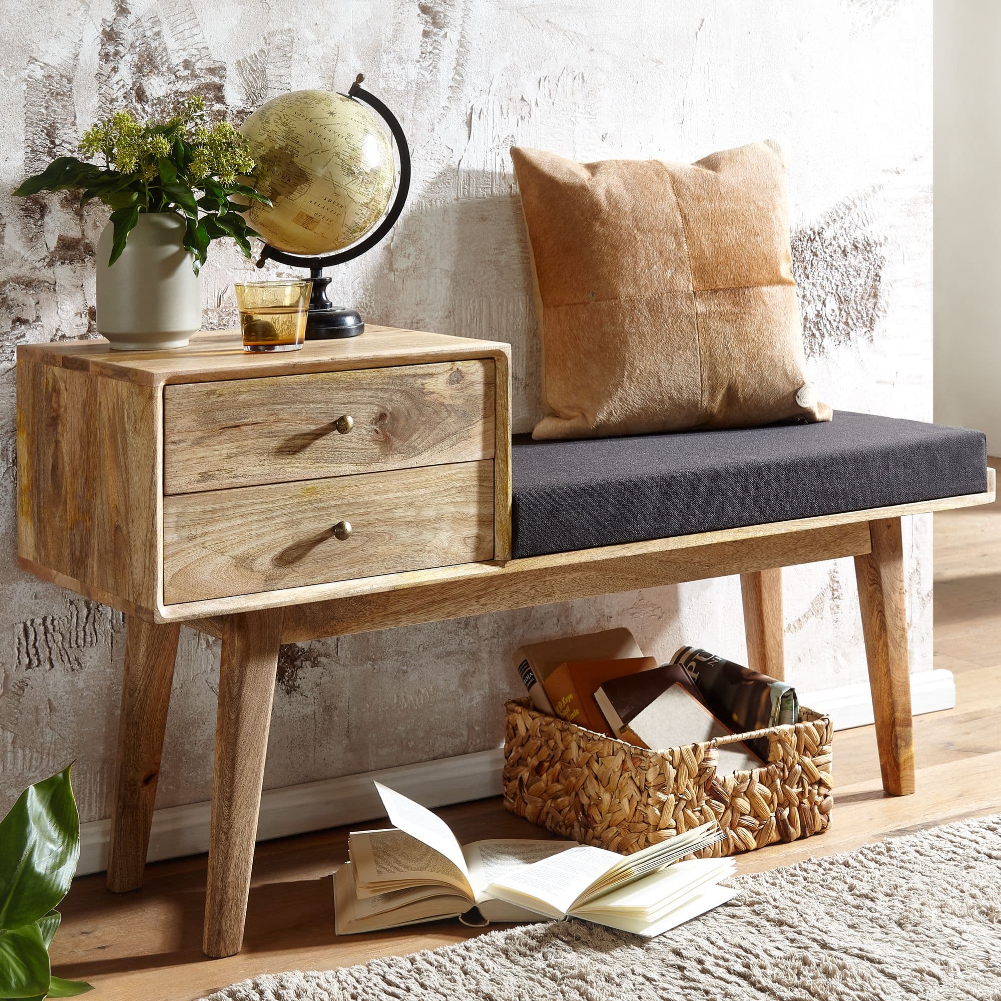 FineBuy gepolsterte Sitzbank 120 cm Massivholz Stoff mit Schublade - Retro Polsterbank für Garderobe, Schlafzimmer, Wohnzimmer - Garderobenbank Eingangsbereich