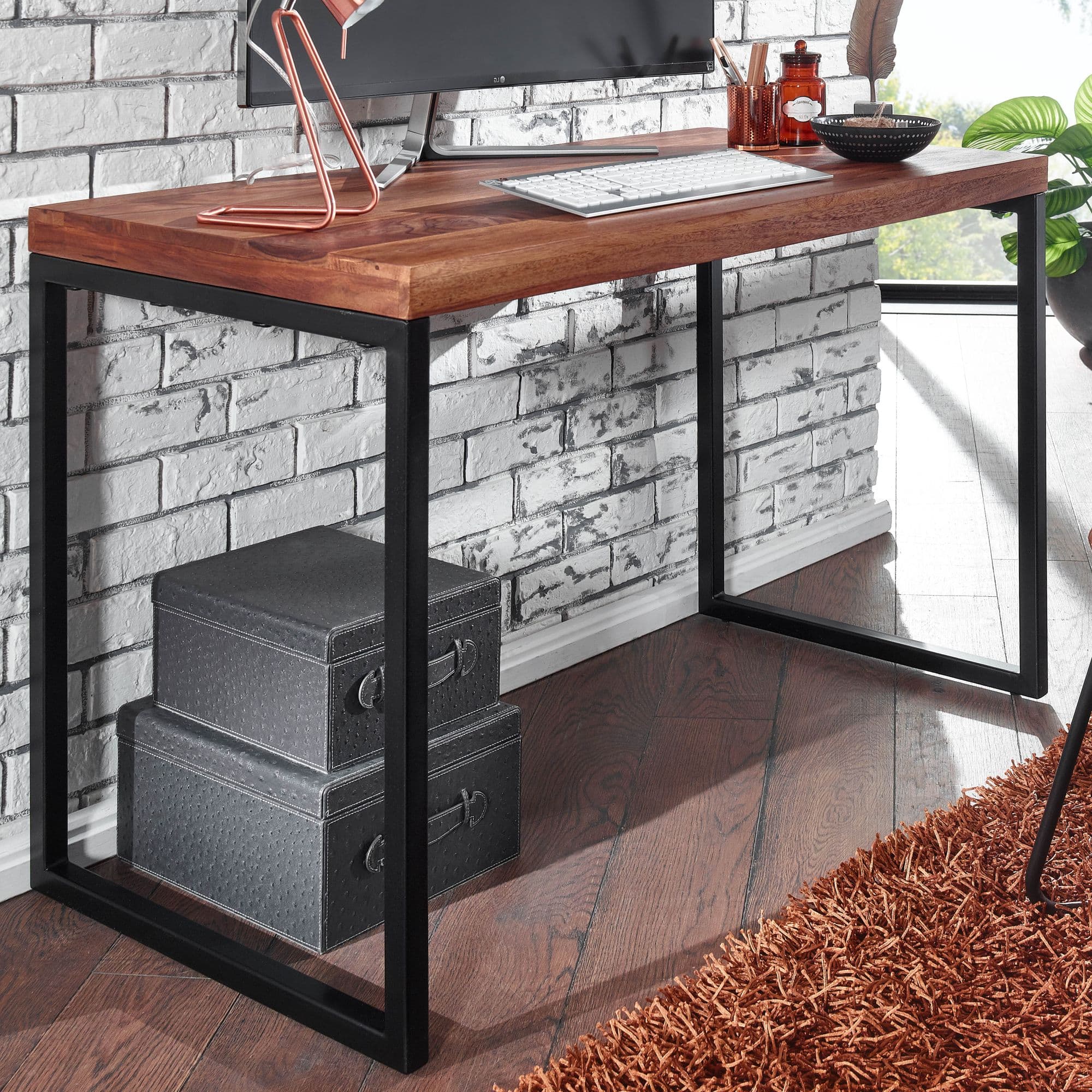 FineBuy Schreibtisch Sheesham Massivholz / Metall 117x59x76,5 cm Computertisch, Design Bürotisch Klein Dunkel, Laptoptisch Arbeitszimmer