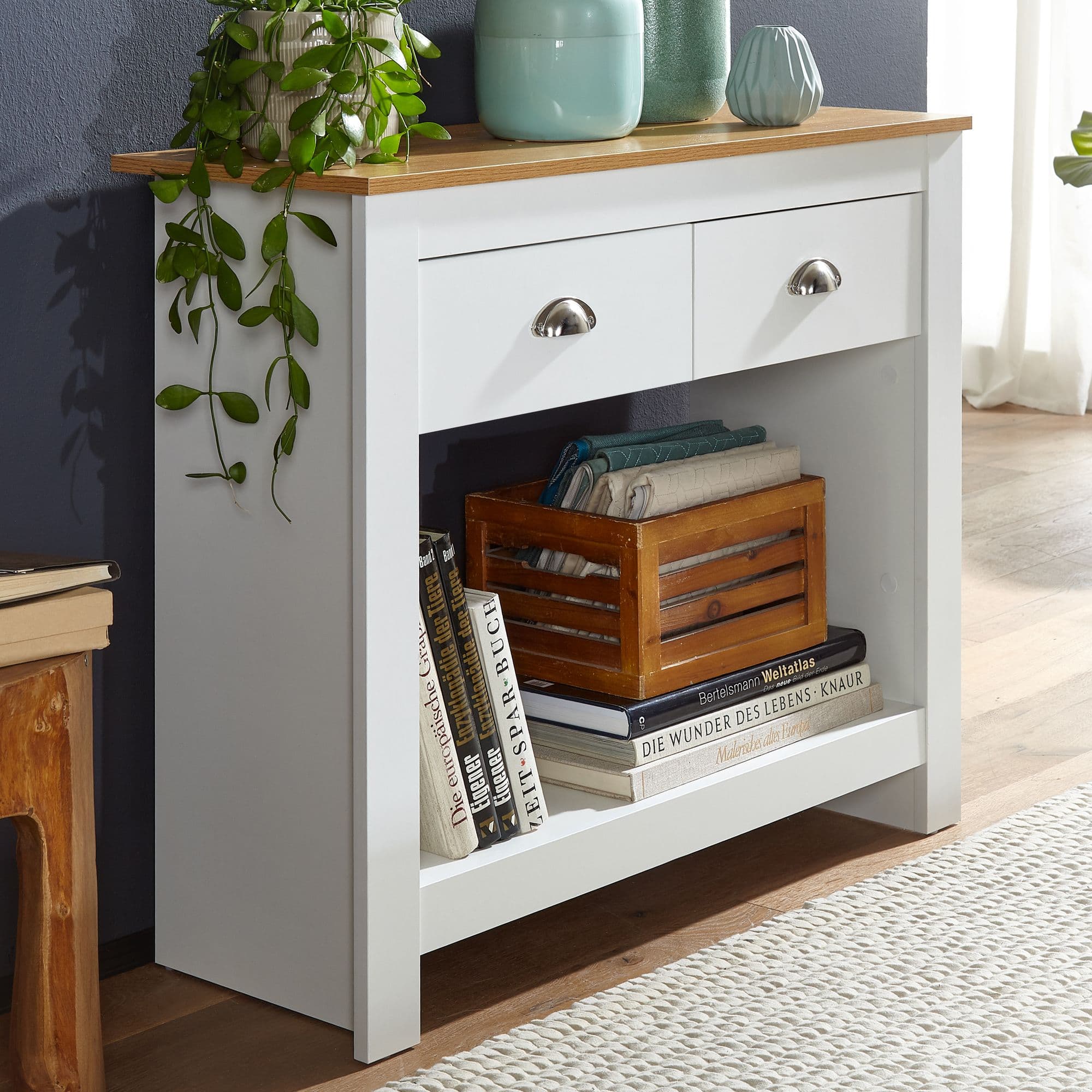 FineBuy Konsolentisch 85x35x76 cm Weiß / Eiche Design Anrichte Modern Schmal, Ablagetisch Flur mit Schubladen & Stauraum, Flurtisch Hoch