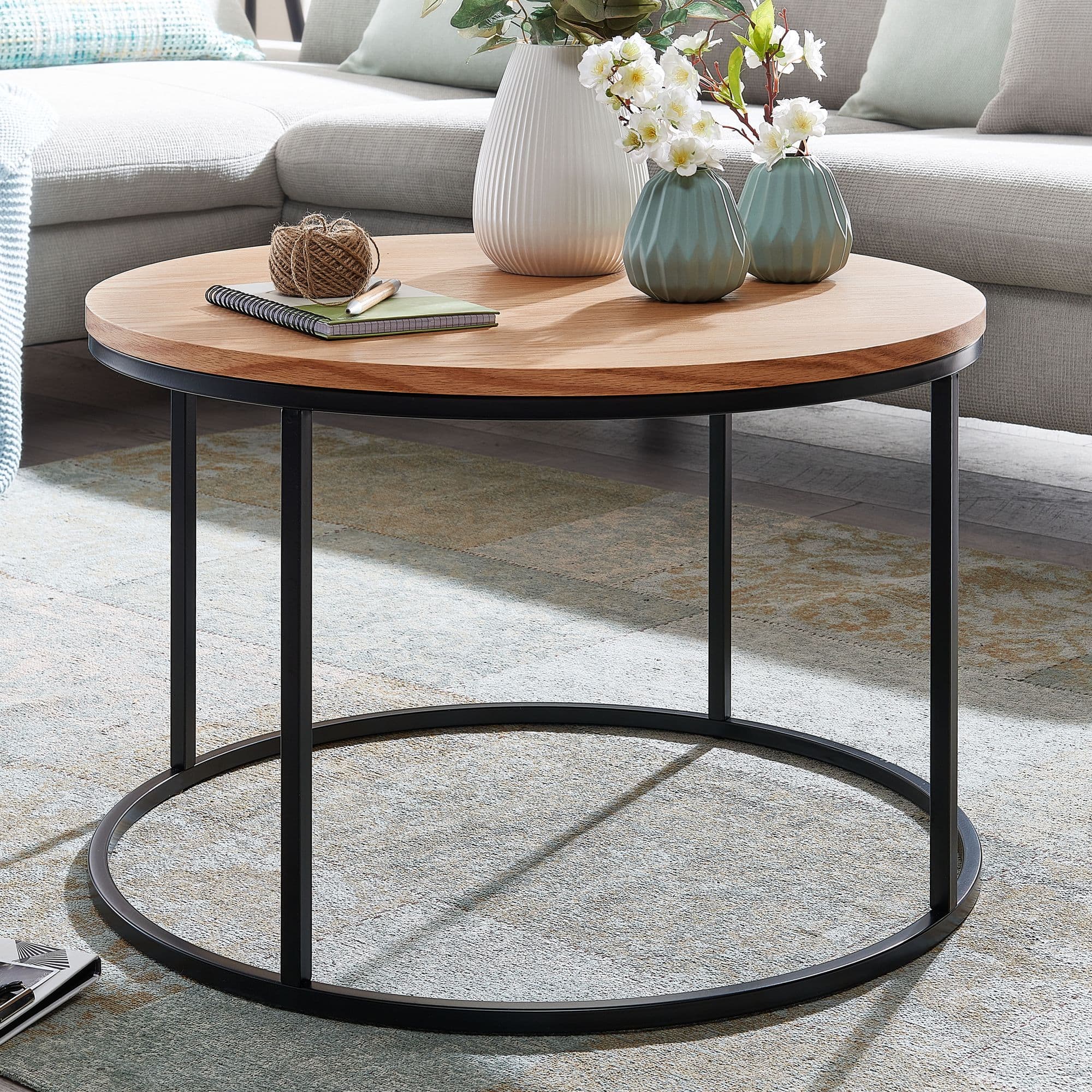 FineBuy Couchtisch rund 70 cm aus MDF Holz & Metall Skandinavisches Eiche Design – moderner Wohnzimmertisch mit stabilem Metallgestell, eleganter Beistelltisch für Wohnzimmer