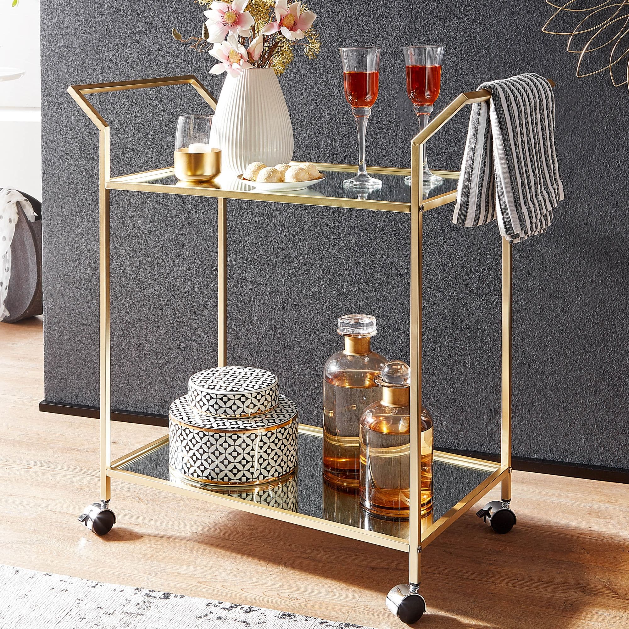 FineBuy goldener Design Servierwagen mit 2 Glasablagen, gebremste Rollen, Rollwagen, Barwagen, Teewagen, Weinwagen für Küche, Esszimmer, Bar Trolley