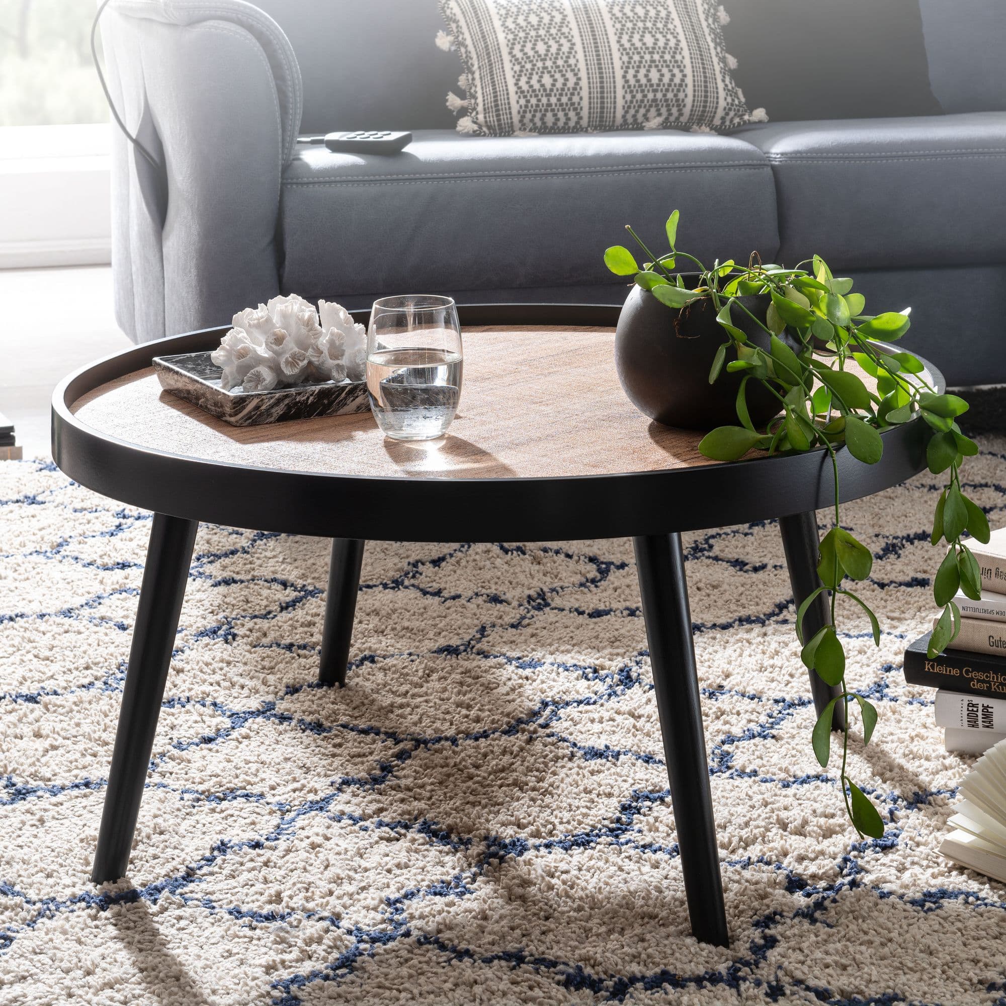 FineBuy Couchtisch Rund 76cm Skandinavisches Design Eiche – Moderner MDF Wohnzimmertisch mit 4 schwarzen Beinen, Sofatisch mit Ablagefläche für Wohnzimmer