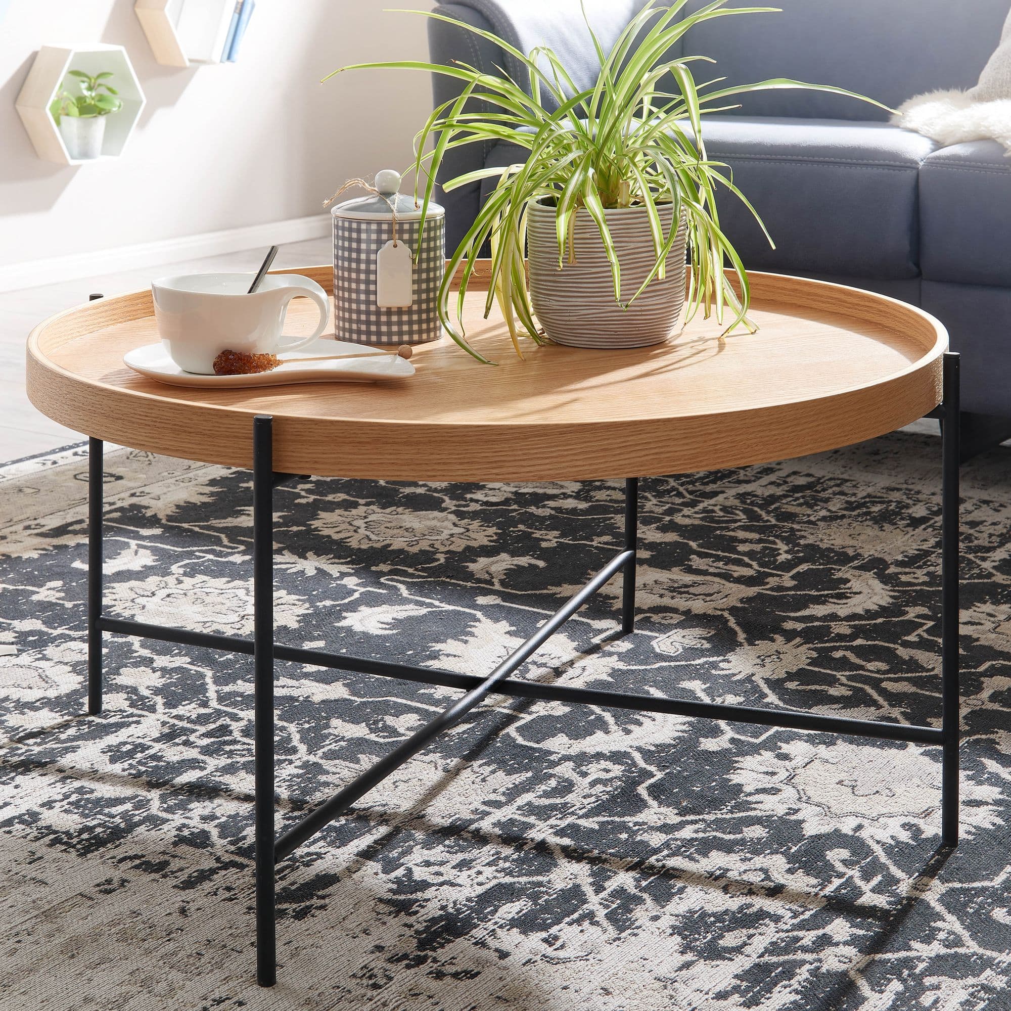 FineBuy Couchtisch Rund 80cm Skandinavisches Design Eiche – Moderner Wohnzimmertisch mit schwarzem Kreuzgestell – runder Sofatisch für Wohnzimmer MDF Holz & Metall