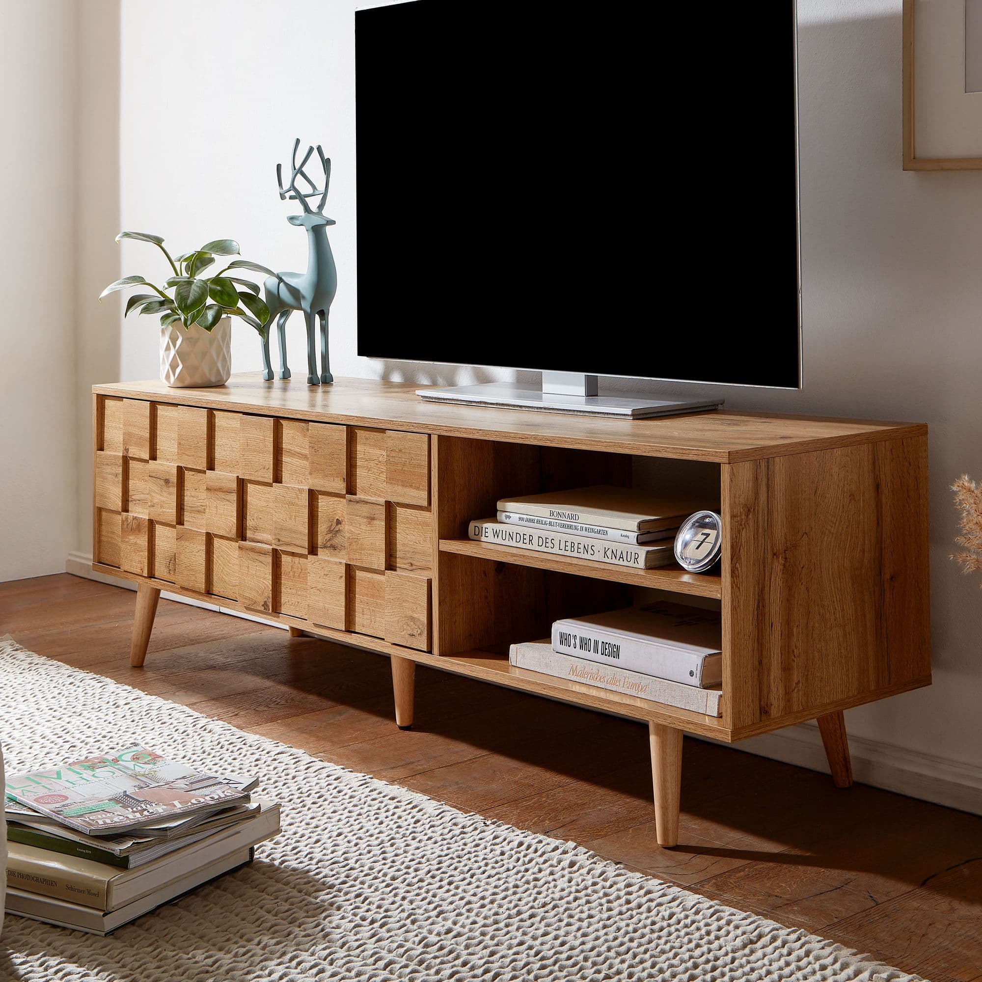 FineBuy Lowboard Holz Eiche-Dekor 160x51x40 cm TV-Kommode mit zwei Türen, Design TV-Schrank Hoch, Fernsehtisch Fernsehschrank Modern, Fernsehkommode Wohnzimmer