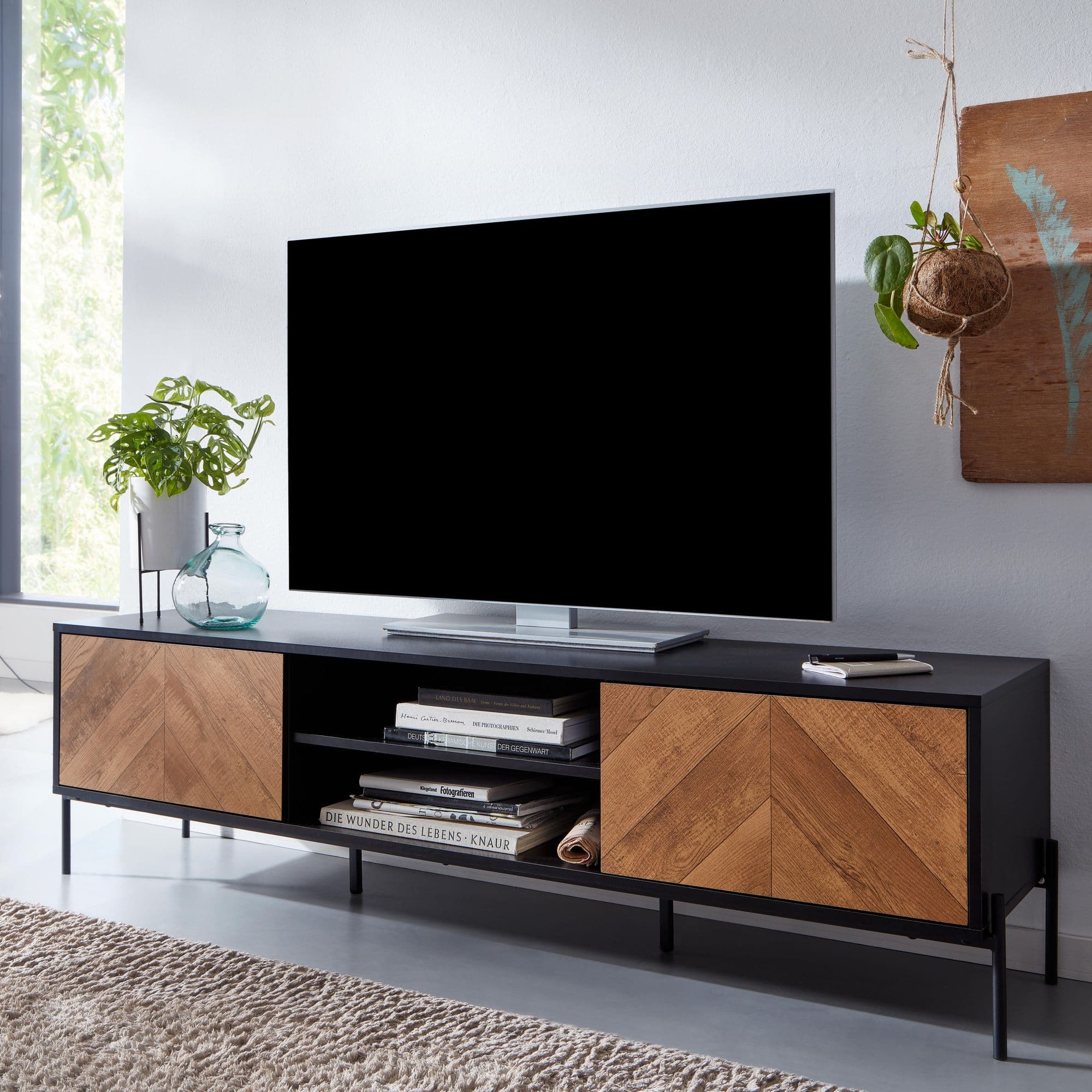 FineBuy Lowboard Holz Schwarz / Eiche-Dekor 163x45x40 cm TV-Kommode mit zwei Türen, Design TV-Schrank Hoch, Fernsehtisch Fernsehschrank Modern, Fernsehkommode Wohnzimmer