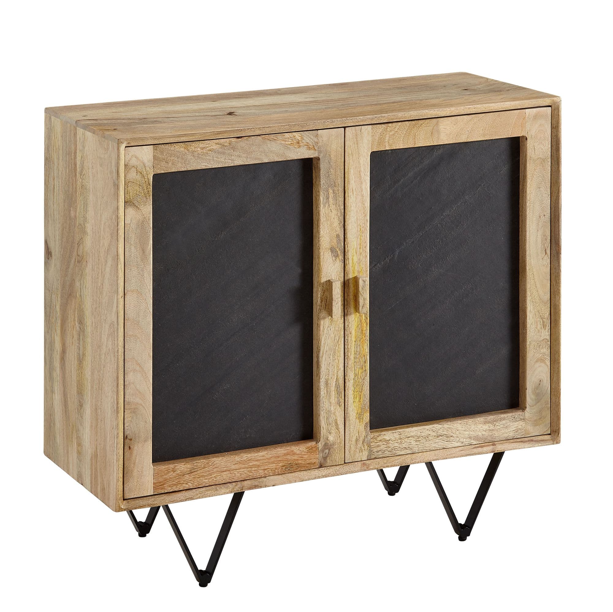 FineBuy Sideboard 80x75x35 cm Mango Massivholz / Stein-Optik Anrichte, Kommode mit 2 Türen, Kleiner Kommodenschrank Holz Massiv, Standschrank Mehrzweckkommode mit Metallgestell