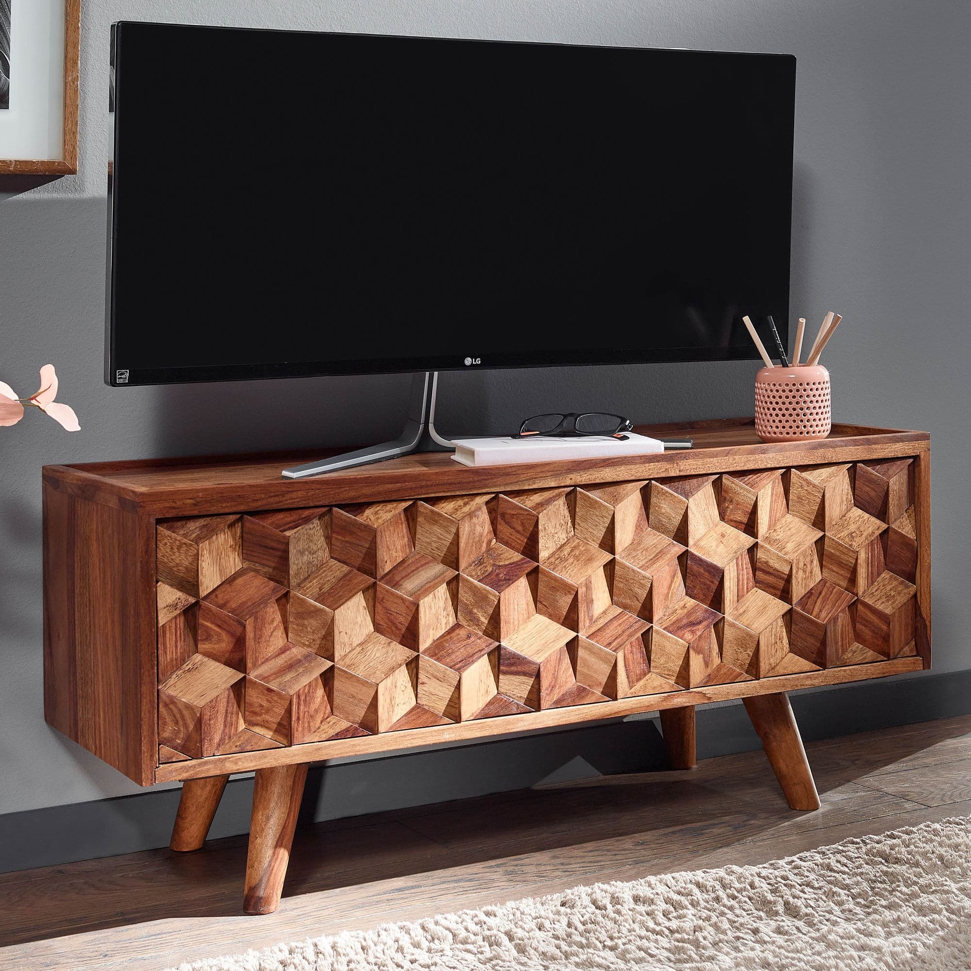 FineBuy Lowboard Sheesham Massivholz 90 cm - Kommode mit Klapptür - TV Schrank Sideboard - Fernsehschrank - Fernsehtisch - Fernsehkommode Wohnzimmerschrank