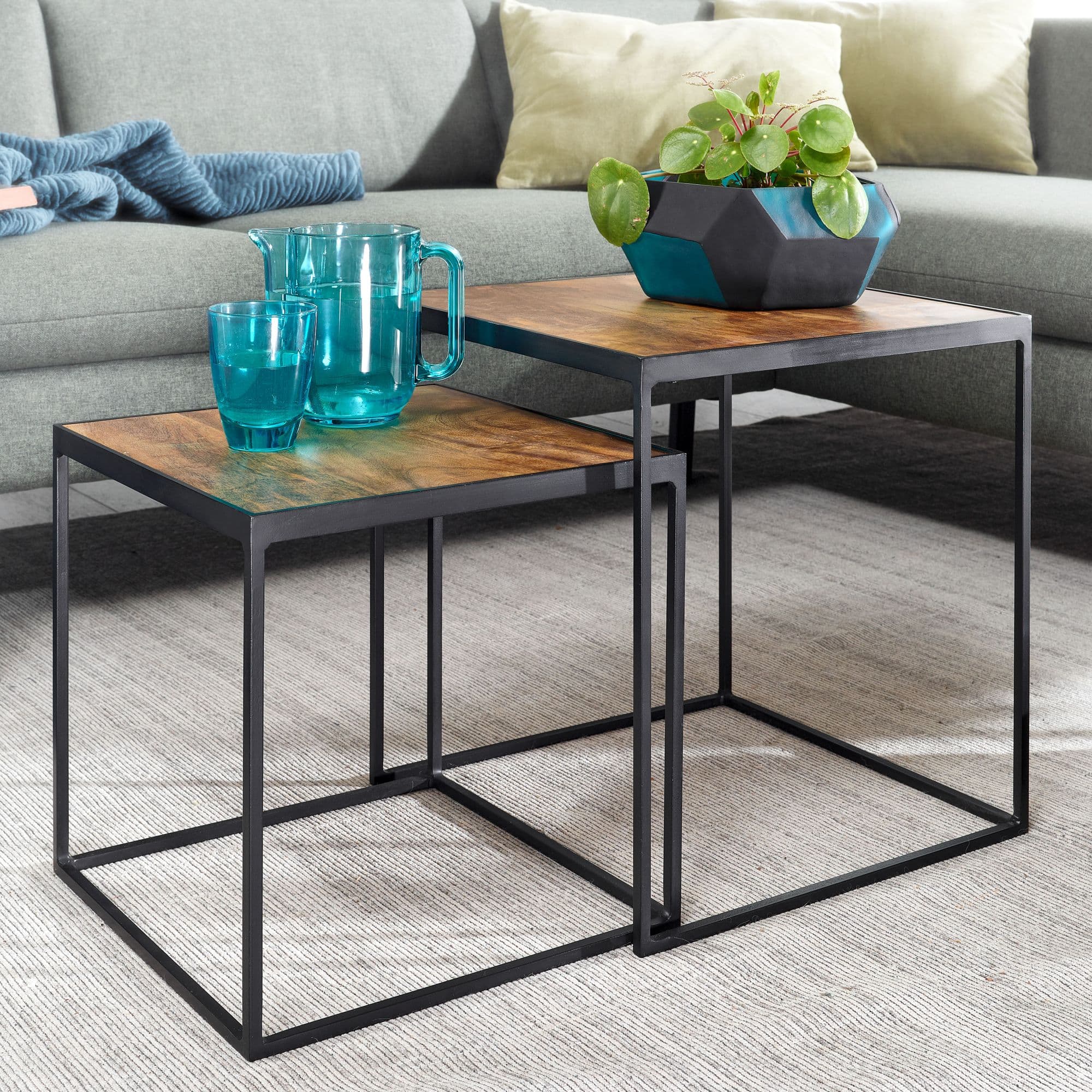 FineBuy Wohnzimmertisch 2er Set Mango Massivholz / Metall Beistelltisch Eckig, Design Beistelltisch Industrial, Sofatisch Couchtisch Quadratisch, Tischset 2-teilig Satztisch
