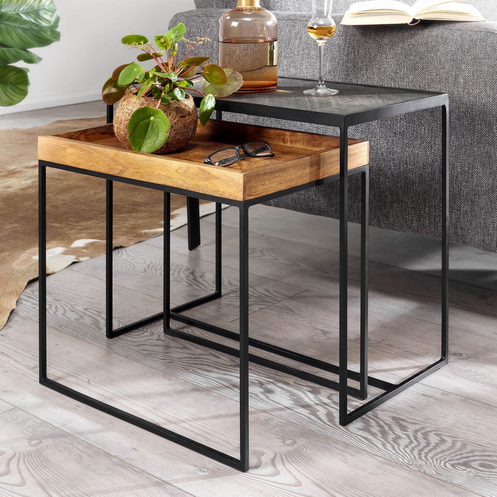 FineBuy Wohnzimmertisch 2er Set Mango Massivholz / Stein-Optik Beistelltisch Eckig, Design Beistelltisch Industrial, Sofatisch Couchtisch Rechteckig, Tischset 2-teilig Satztisch