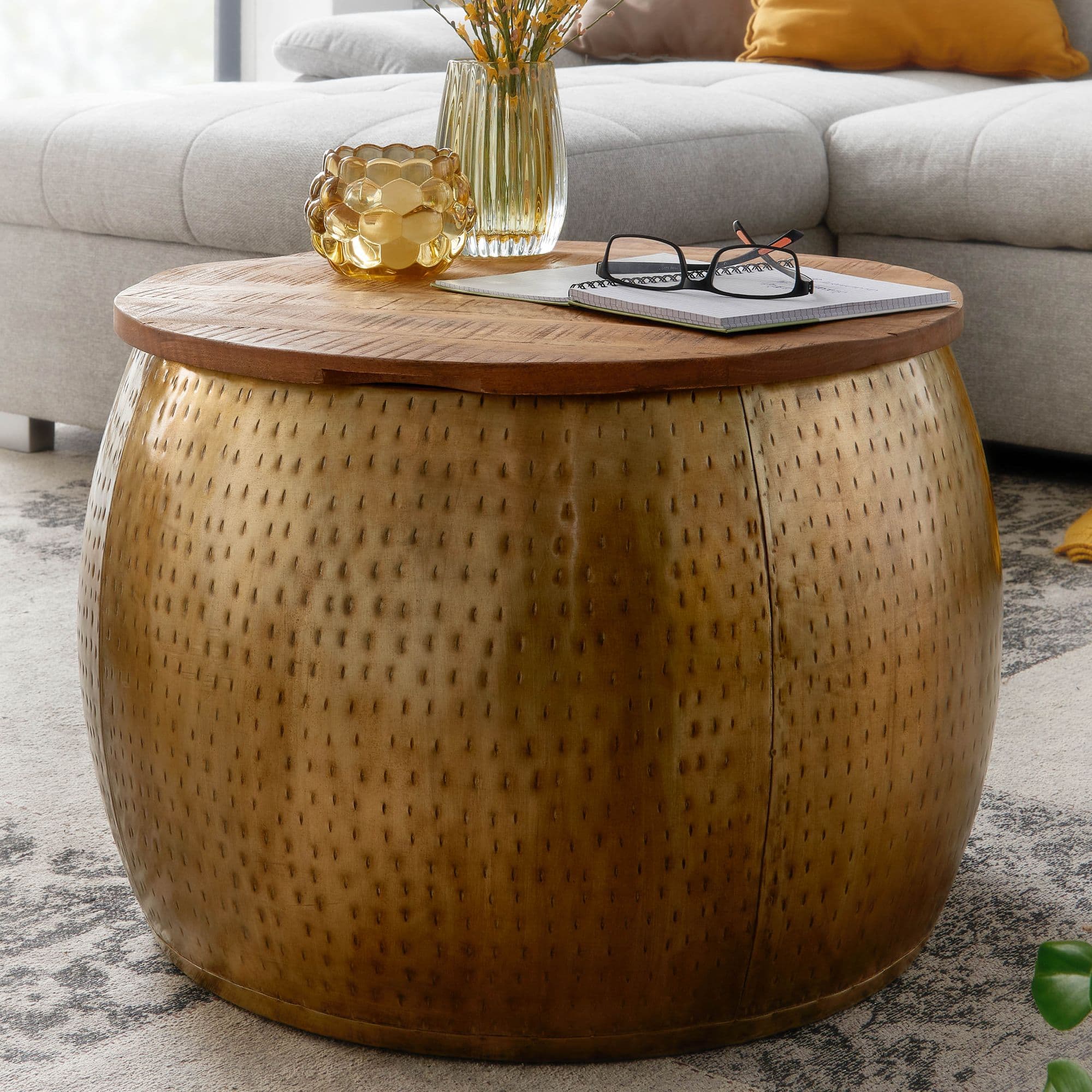 FineBuy Couchtisch Mango Massivholz Metall 60x60x40 cm Gold Rund mit Stauraum, Design Wohnzimmertisch abnehmbare Platte, Loungetisch Sofatisch Wohnzimmer Modern