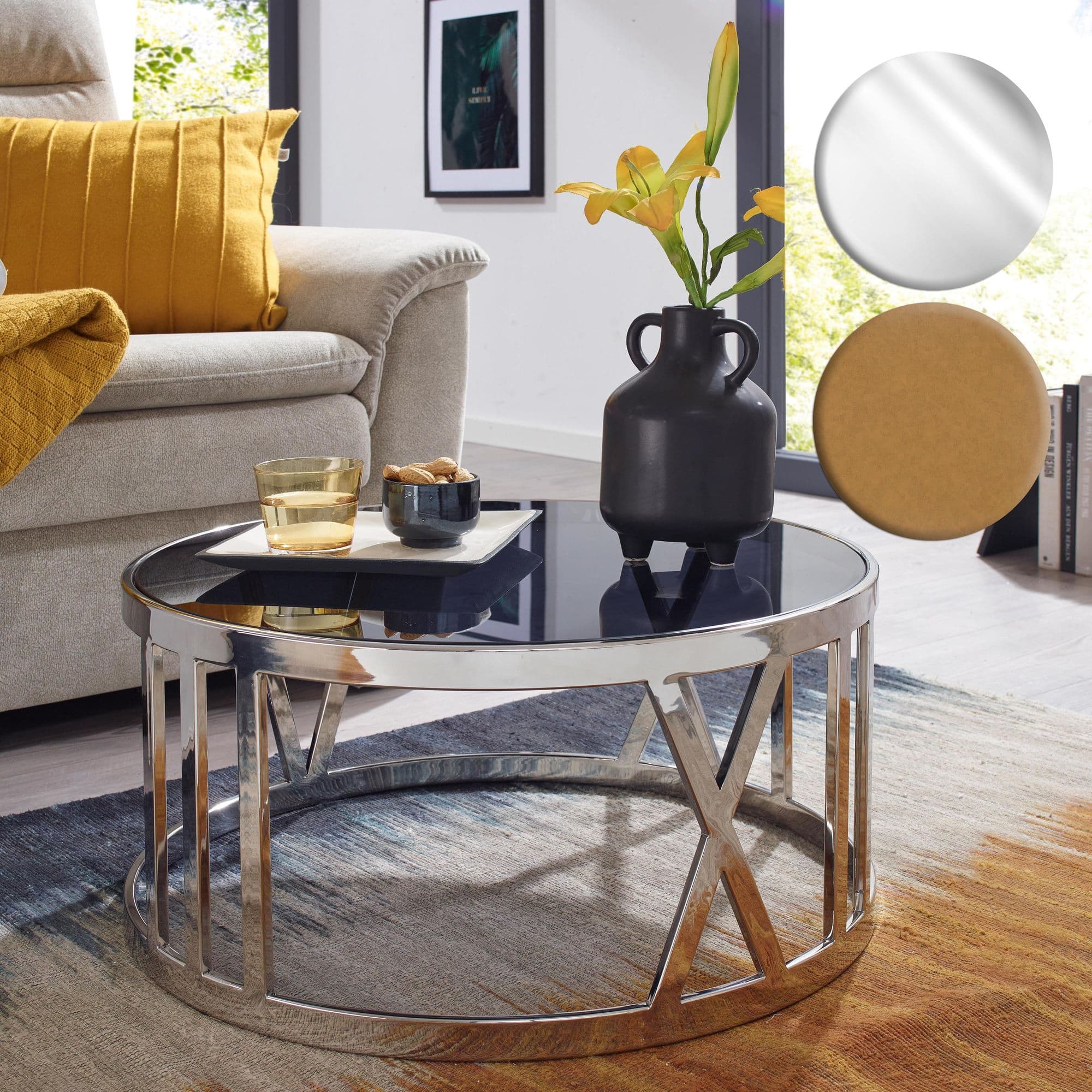 FineBuy Couchtisch Glas Metall 60x60x30 cm Sofatisch, Design Wohnzimmertisch Rund, Kleiner Kaffeetisch Modern, Beistelltisch Anstelltisch Wohnzimmer