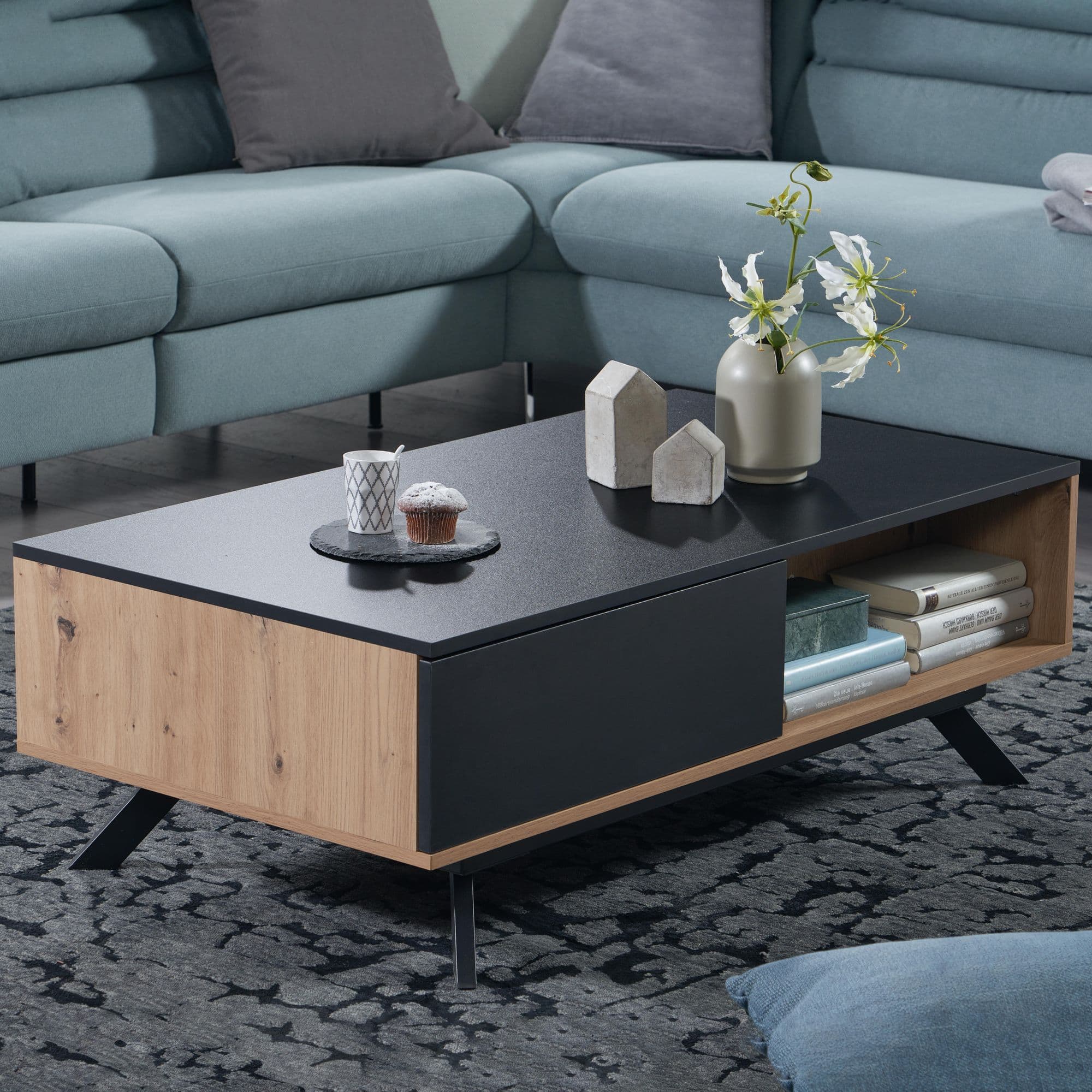 FineBuy Couchtisch 110x60x38 cm MDF Eiche-Dekor / Schwarz Wohnzimmertisch, Sofatisch Rechteckig mit Stauraum, Kaffeetisch mit Schubladen, Tisch Wohnzimmer mit Metallbeine