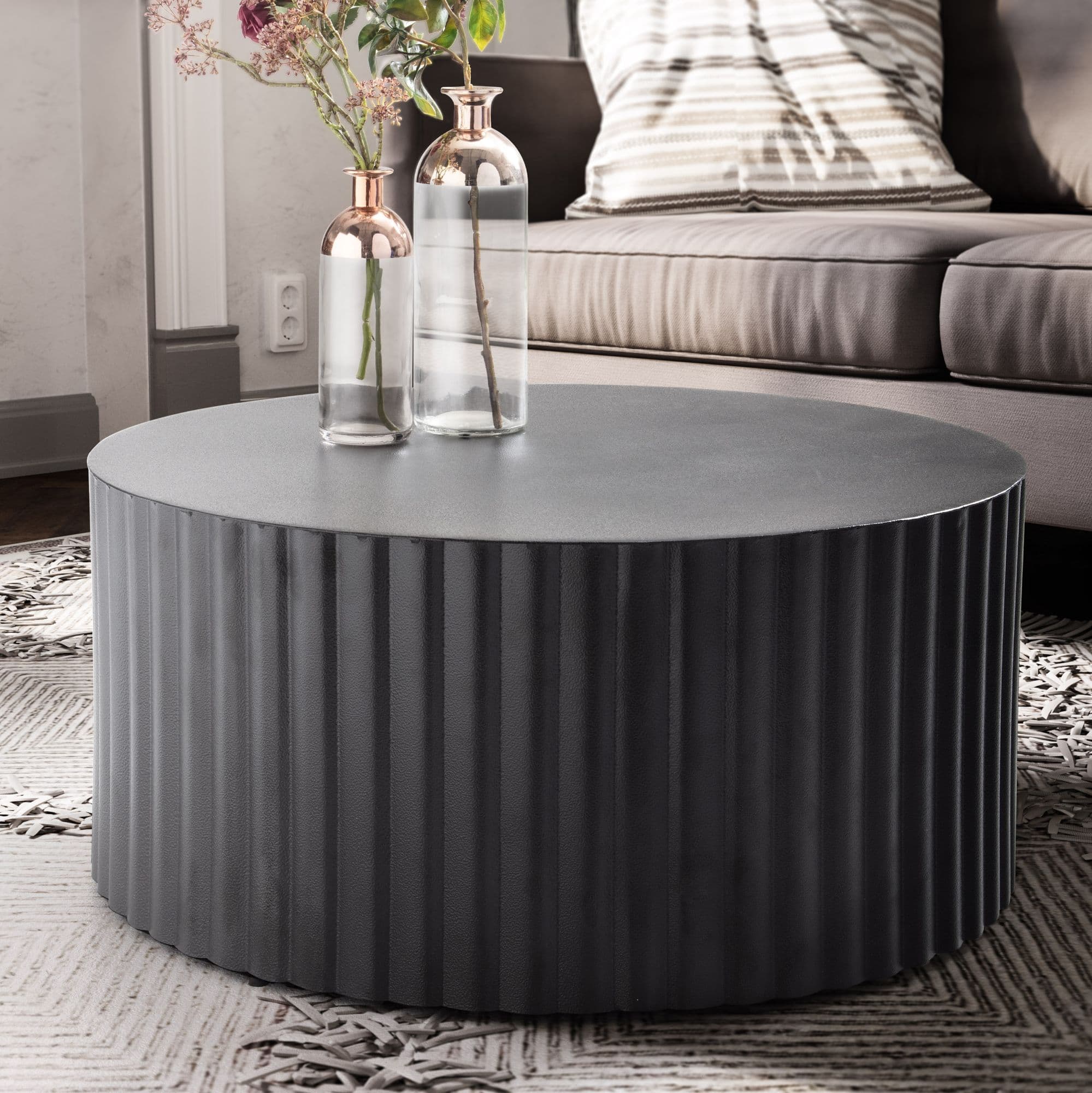 FineBuy Design Couchtisch rund 70 cm Metall Schwarz - Handgefertigter Aluminium Wohnzimmertisch mit Lamellenstruktur - Moderner Sofatisch Wohnzimmer