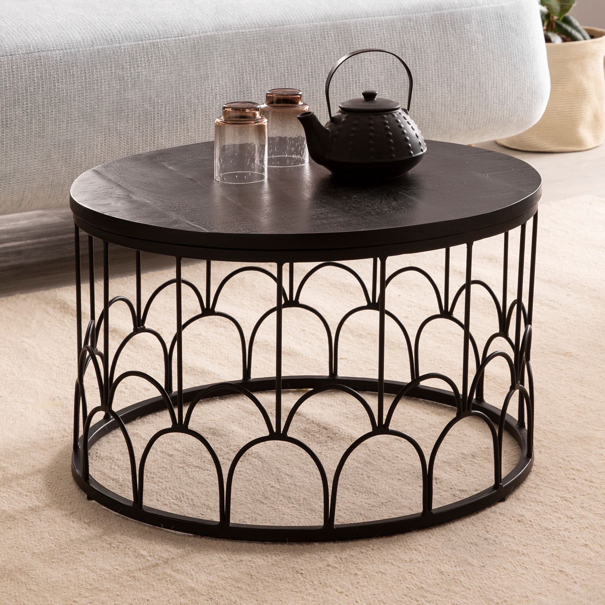 FineBuy Couchtisch Mango Massivholz rund Ø 60 cm Schwarz · Wohnzimmertisch mit Metallgestell · Handgefertigter Sofatisch im Art-Deco Industrial Design