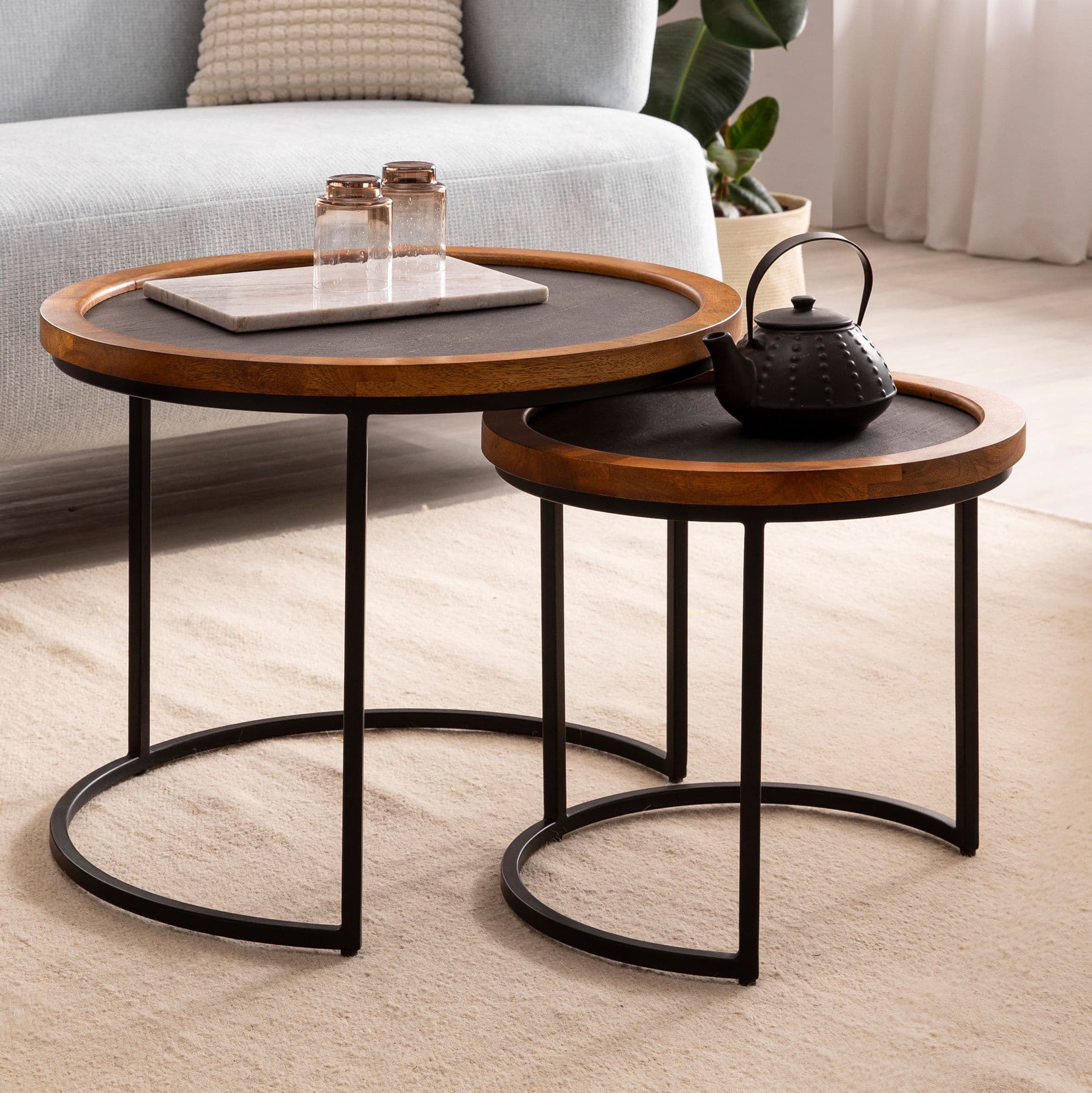 FineBuy Couchtisch 2er Set Mango Massivholz / Steinoptik Wohnzimmertisch Rund, Satztisch mit Metallgestell, Kaffeetisch Modern, Sofatisch Verschachtelungstisch 2-teilig Braun / Anthrazit