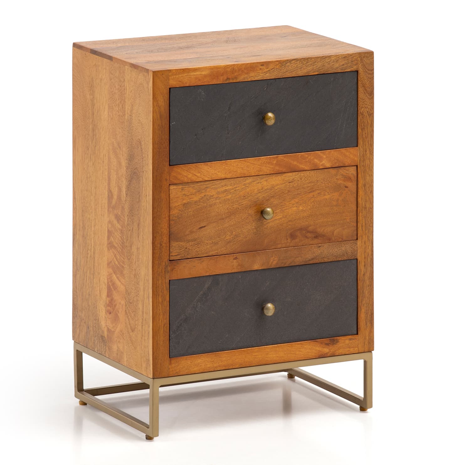 FineBuy Nachttisch aus Mango Massivholz mit Fronten in Steinoptik und 3 Schubladen – Design Nachtkonsole, Nachtschrank für Boxspringbett - Nachtkästchen 40x60x30 cm
