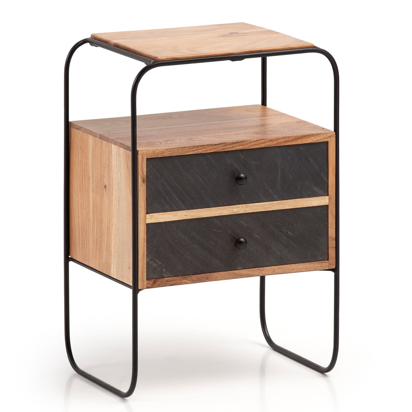 FineBuy Nachttisch Massivholz / Steinoptik 40x60x30 cm Nachtschrank Boxspringbett, Industrial Nachtkonsole mit 2 Schubladen & Ablagefläche, Nachtkommode Stauraum & Metallgestell